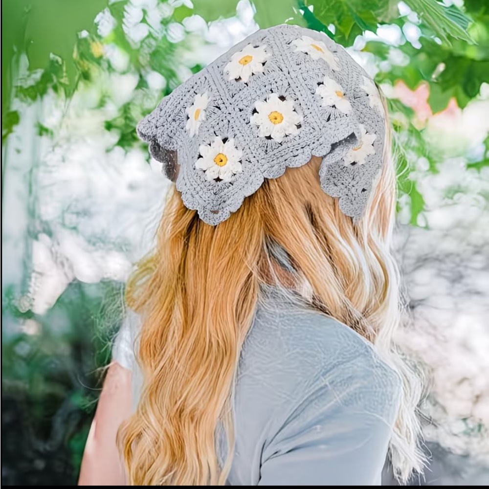 HANDMADE Blue Floral Crochet Headscarf - Picture 1 of 5